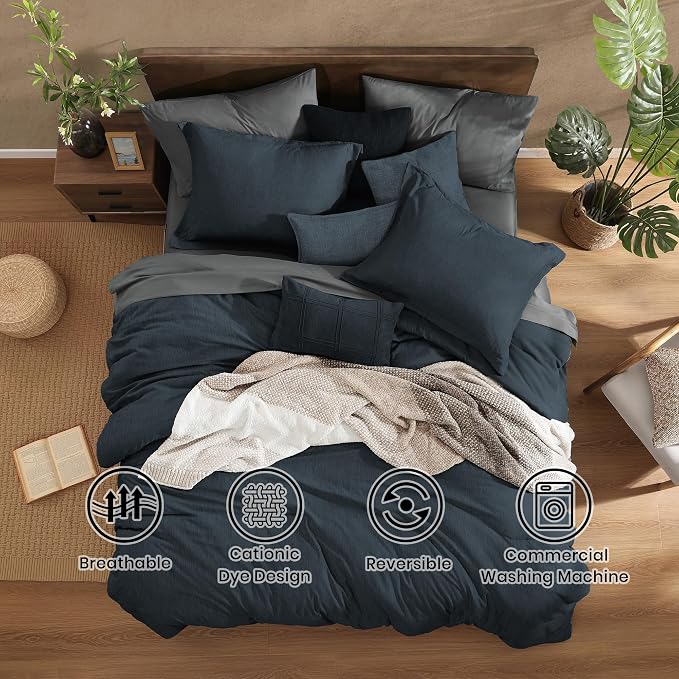 Monbix Twin XL Comforter Set Navy Blue, Cationic Dyeing Bedding Set Reversible - Image 2