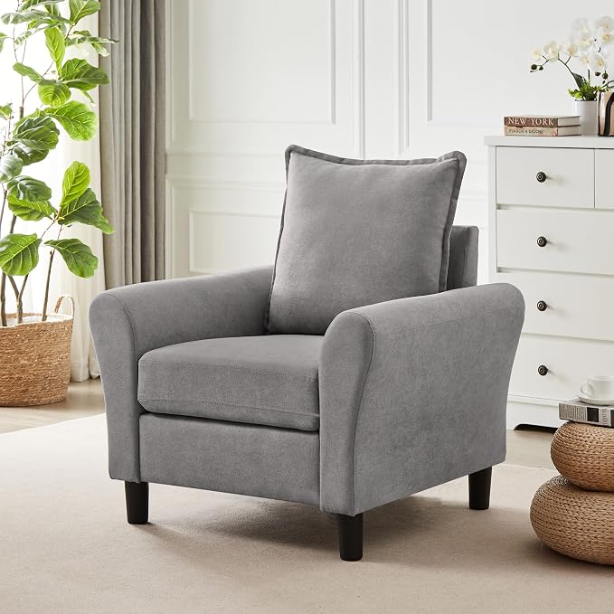 Mid-Century Accent Chair, Modern Linen Fabric Armchair by Chireca