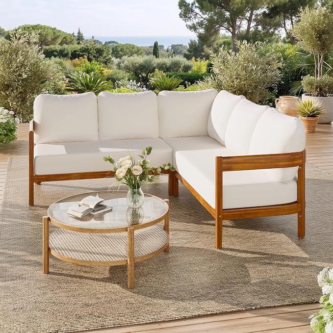 VilroCaz Outdoor Patio Furniture Set, L-Shaped Acacia Wood Sectional Sofa - Image 2