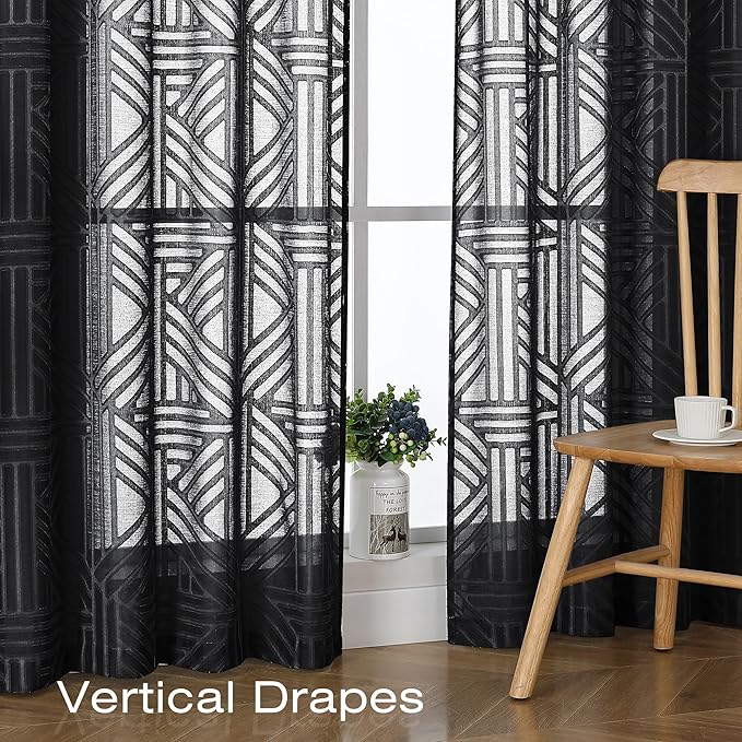 Simplebrand Semi Sheer Black Curtains 36 Inch Length 2 Panels, Geometric - Image 6