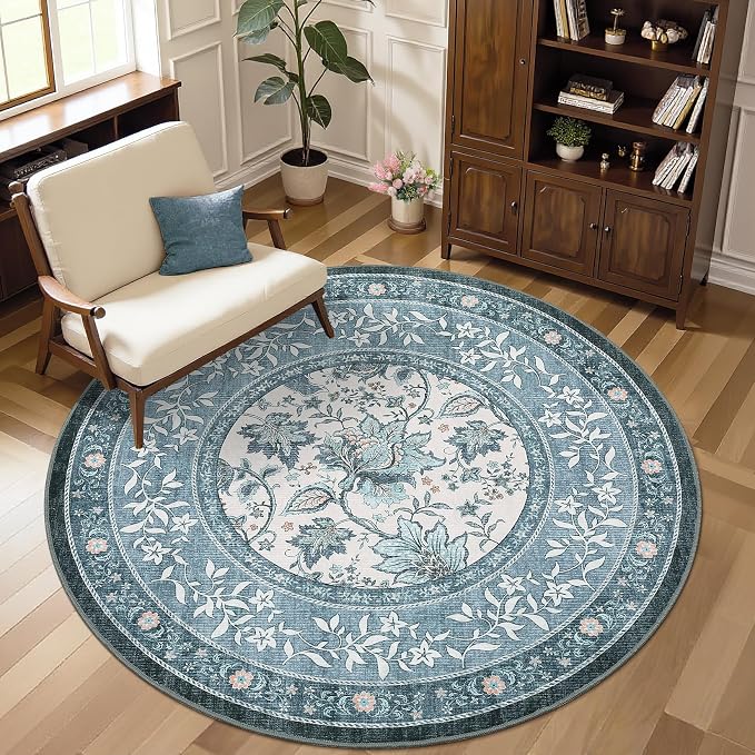 GarveeHome Misty Blue Botanical Grove 4ft Round Rug, Small Circle Vintage by GarveeHome