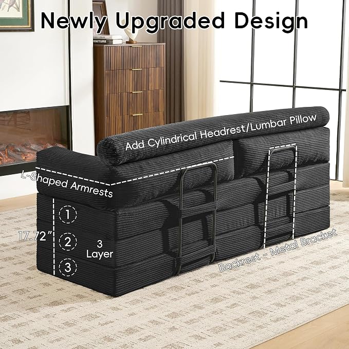 60" Boneless Couch, 5-in-1 Convertible Sofa Bed Tri Folding Mattress - Image 8