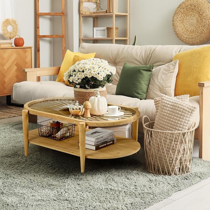 RUSTOWN Rattan Coffee Tables, 2-Tier Oval Boho Cocktail Tables, Mid Century - Image 4