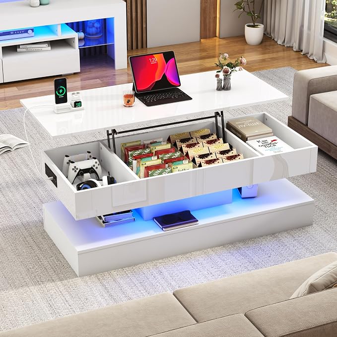 47.2" Large Lift Top Coffee Table, Modern High Glossy LED Coffee Tables - Image 6