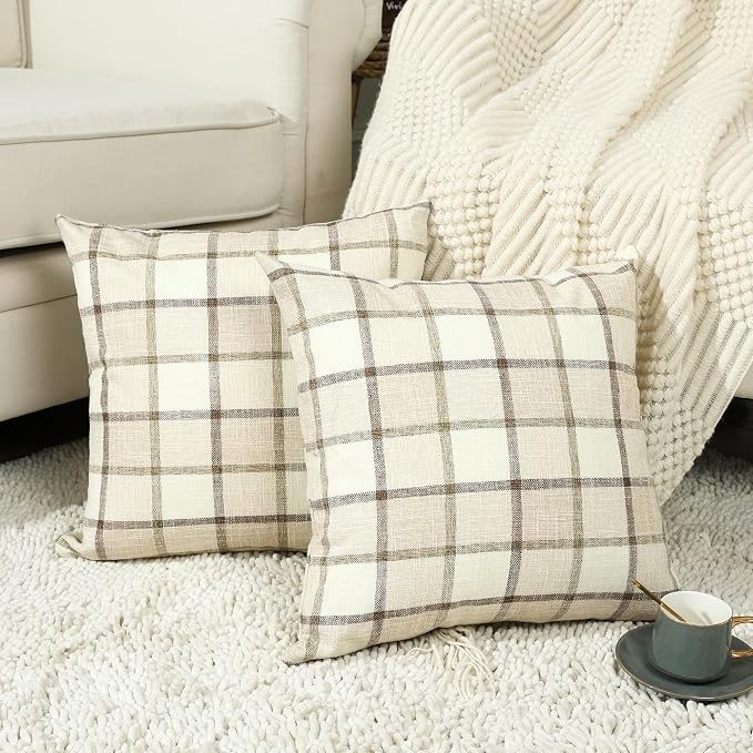 Stellhome Fall Linen Buffalo Check Throw Pillow Covers, Autumn Farmhouse Plaid by Stellhome