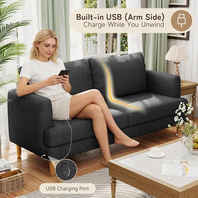 70" Modern Loveseat Sofa with USB Type-C Ports, Linen Fabric 2-Seater Deep Seat - Image 4