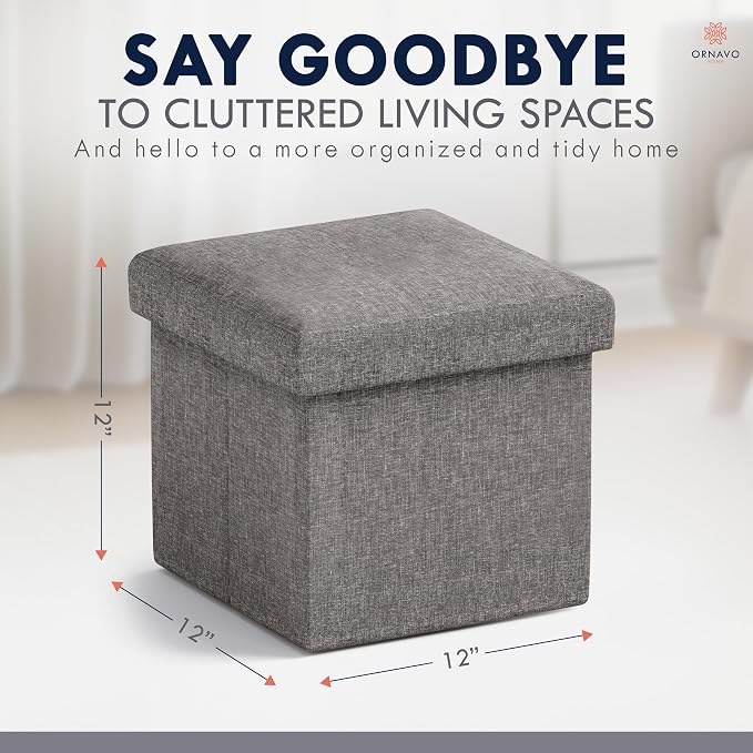 Ornavo Home Small Storage Ottoman Foldable Collapsible Cube Square Linen - Image 2