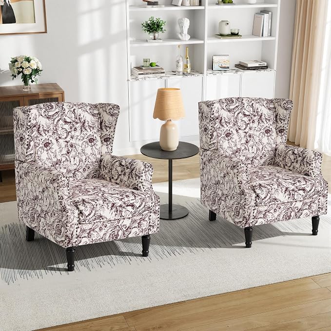 Pia Ricco Set of 2 Floral Accent Chairs, High Back Upholstered Armchairs - Image 6