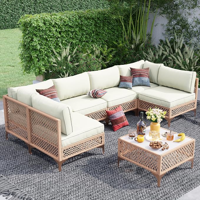 7-Piece Generous Patio Furniture Set, Wicker Outdoor Sectional Set by LYNSLIM