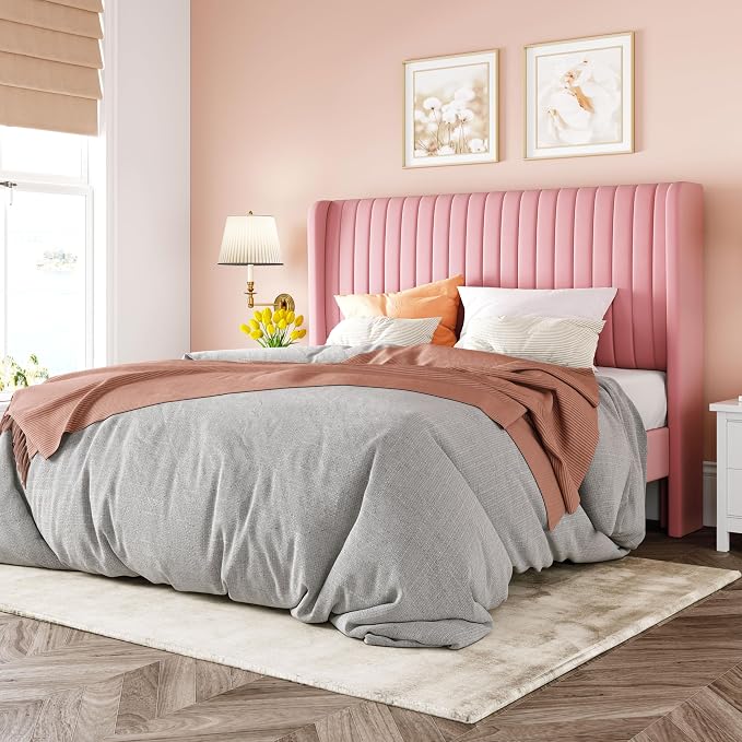 Allewie Queen Size Velvet Bed Frame/Vertical Channel Tufted Wingback by Allewie