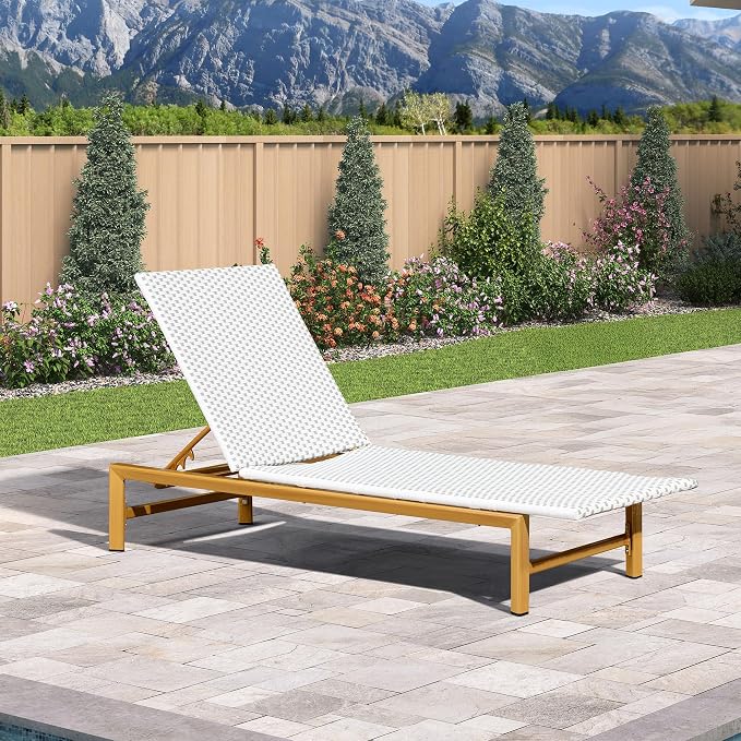 PURPLE LEAF Patio Chaise Lounge French Outdoor Lounger 1 Piece Wood-Grain by PURPLELEAF