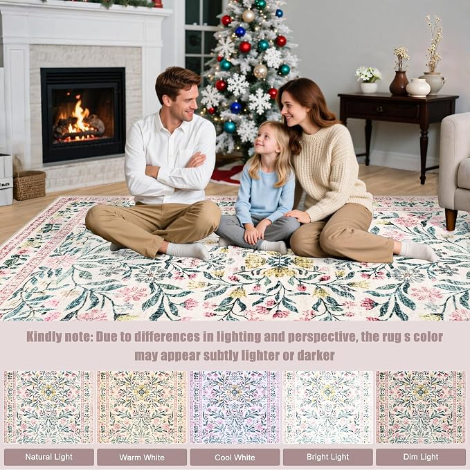 Round Area Rug for Living Room: 4 ft Floral Washable Circle Rug Soft Boho - Image 9