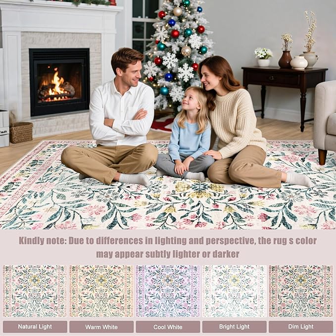 Area Rugs 9x12 Living Room: Floral Washable Rug Vintage Large Soft Boho - Image 8