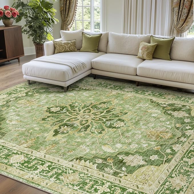 RELEANY Area Rugs 8'x10' Washable Non-Slip, Floral Vintage Distress Print by RELEANY