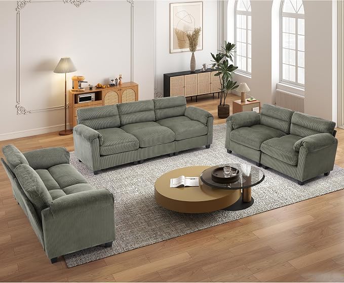 HAOMARKETS Corduroy Sofa Set, Two Upholstered Loveseat, and 3-Seater Couch by HAOMARKETS