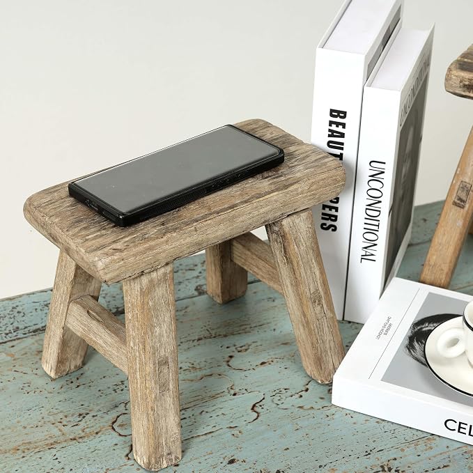 Artissance 11" W Rectangular Natural Wood Vintage Mini Stool - Image 8