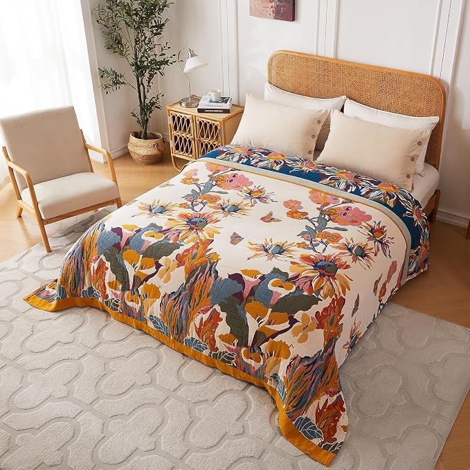 LUTBM Boho Throw Blanket for Bed 100% Cotton Soft Lightweight Quilt Floral - Image 8