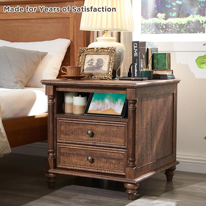 T4TREAM 24'' Farmhouse End Table w/4 Solid Wood Feet, Large 2 Drawers Wide Sofa - Image 5