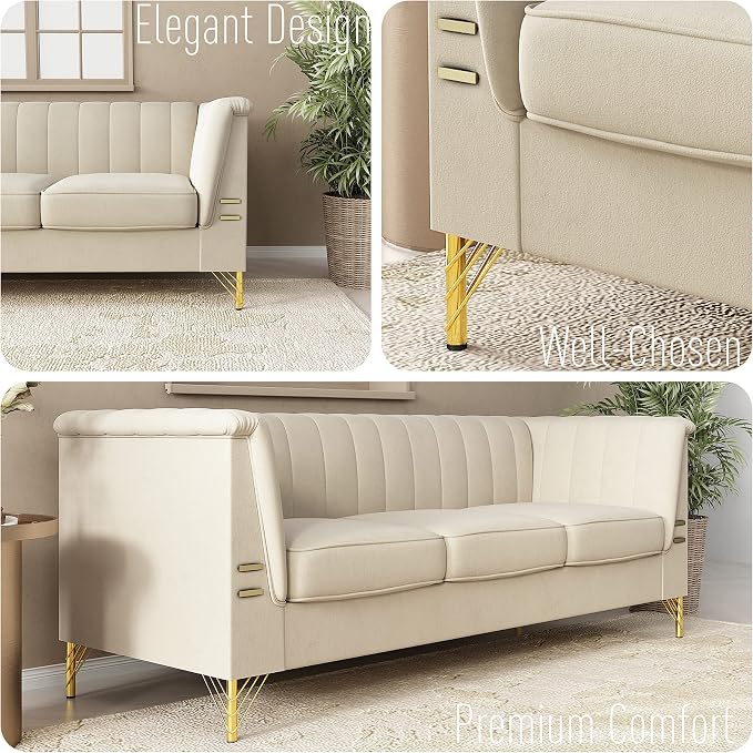 83.46" W Beige Velvet Sofa Couch - Image 6