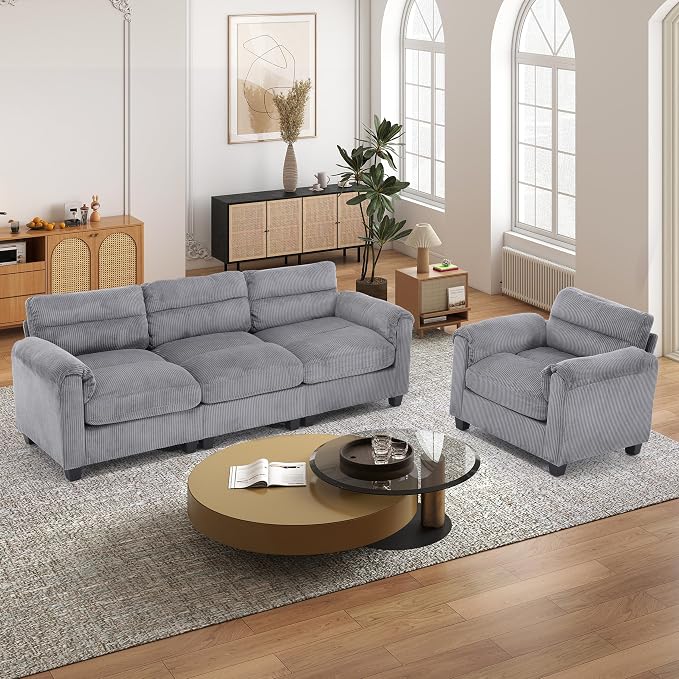 HAOMARKETS Corduroy Sofa Set, Upholstered Armchair and 3-Seater Couch - Image 3