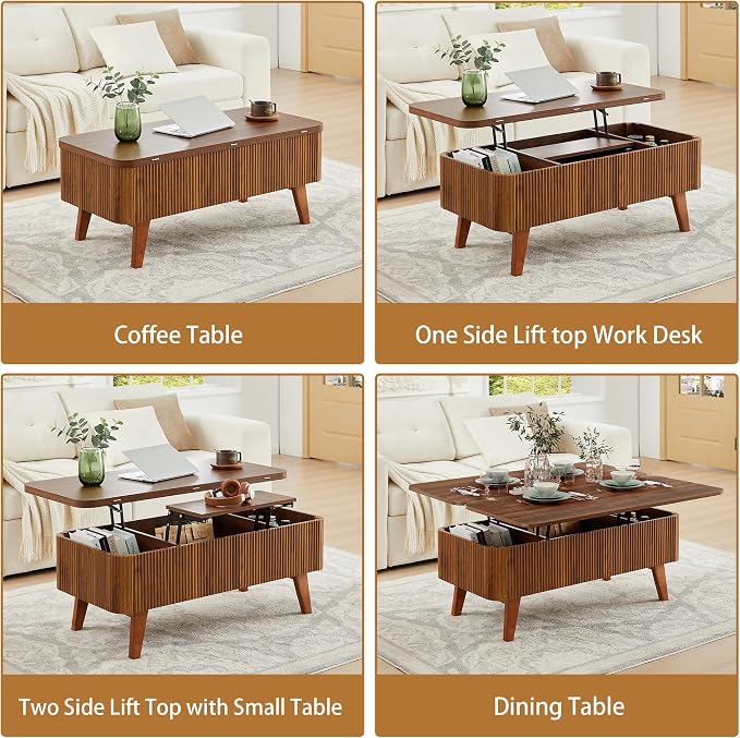 3 in 1 Lift Top Coffee Table, Fluted Convertible Coffee Tables Converts to - Image 4
