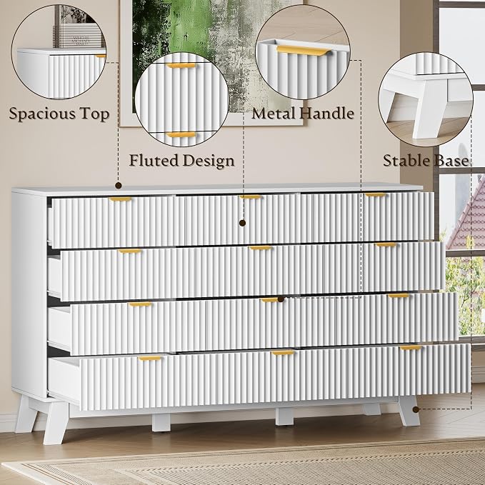 BORNOON 57" Wide Dresser for Bedroom, 12-Drawer Fluted Dresser - Image 4