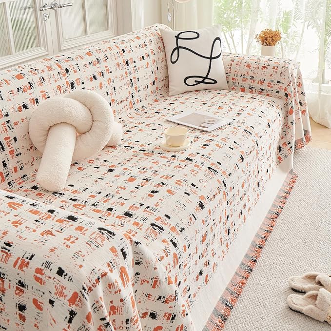 DREAMINGO Abstract Chenille Couch Cover Blanket Beige Orange Black Boho Sofa - Image 7