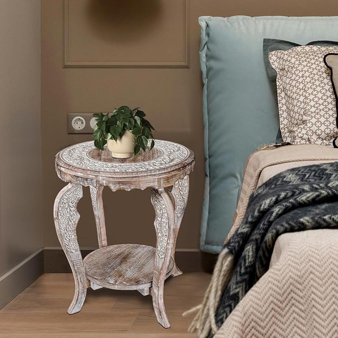 Farmhouse Round Accent End Table, Rustic Side Table Nightstands - Image 9