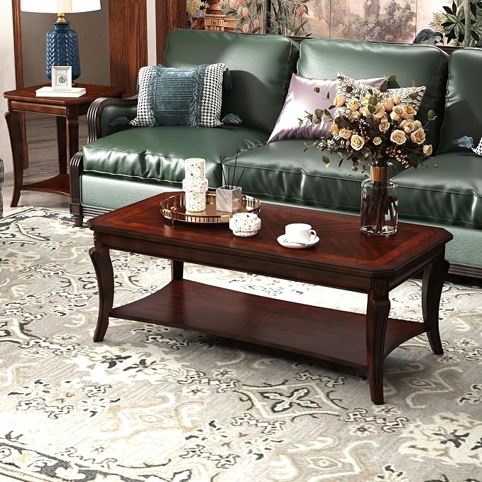 Traditional Coffee Table with Storage Shelf and Carved Leg, Farmhouse Living - Image 4