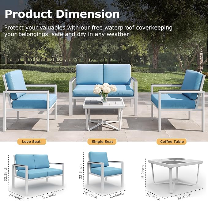 4-Piece Outdoor Patio Furniture Set, Metal Conversation Sofa Set - Image 2