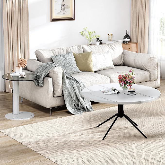 Hooseng Set of 2 Round Coffee Tables, Faux Marble Top and Modern Tempered by Hooseng