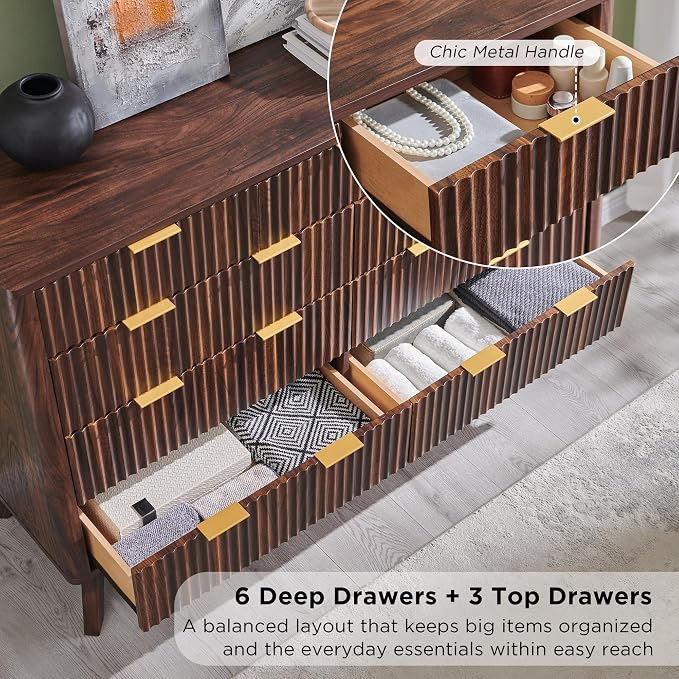 T4TREAM Fluted 9 Drawers Dresser, Curved Profile Design, Dresser TV Stand - Image 5