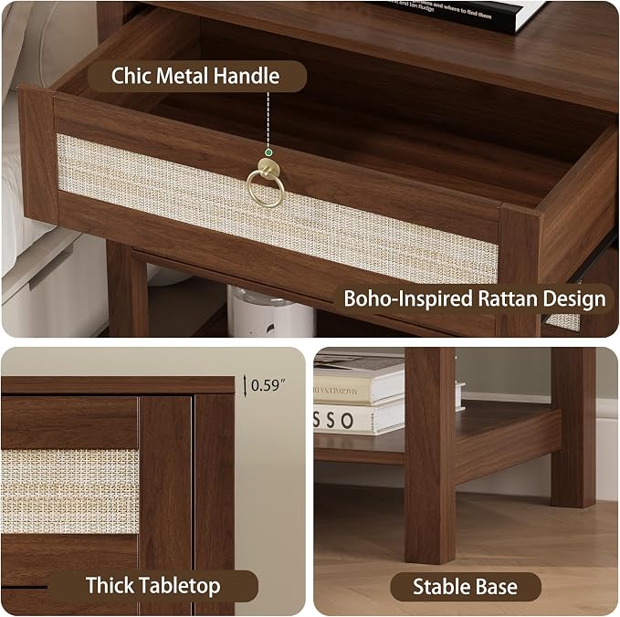 Xixini Nightstand Set of 2, Rattan Boho Bedside Table - Image 5