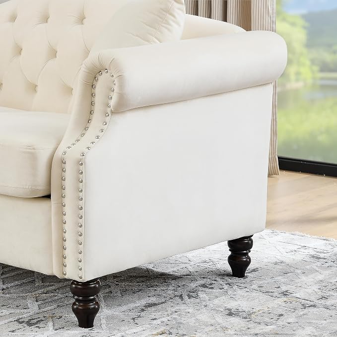 2 Piece Beige Velvet Chesterfield Sofa Set - Image 7