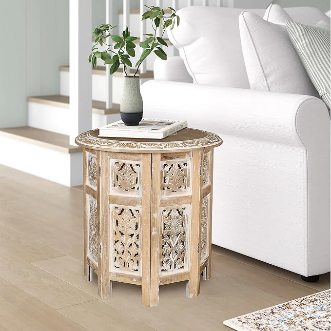 Lightnpro Hand Carved Solid Mango Wood Octagonal Accent Table - Image 4