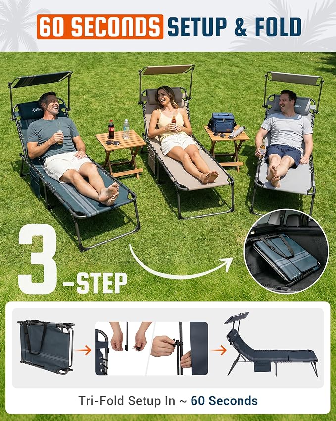 KingCamp Lounge Chair with face Hole & Canopy Shade, 400LBS Folding Portable - Image 9