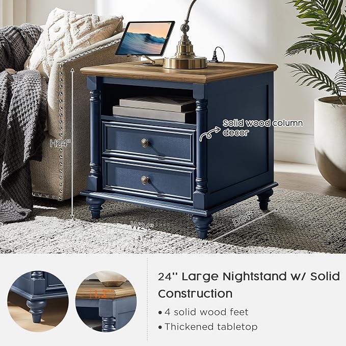 T4TREAM 24'' Farmhouse End Table w/4 Solid Wood Feet, Large 2 Drawers Wide Sofa - Image 3