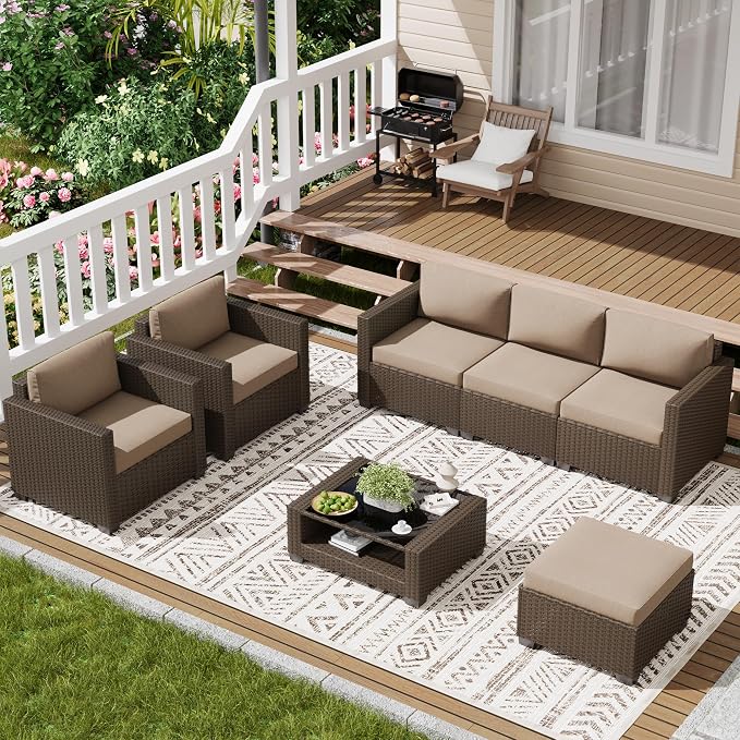 LOUVIXA 7 Piece Outdoor Patio Furniture Set, Rattan Chairs Glass Table Wicker - Image 8