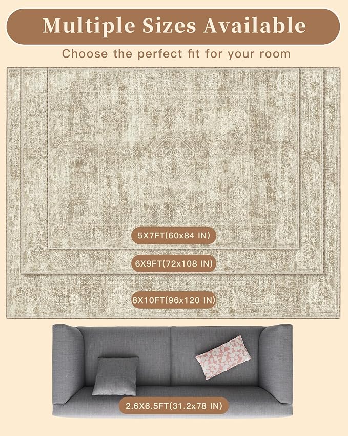 Madane 6x9 Area Rugs for Living Room, Machine Washable Vintage Beige Rug - Image 9