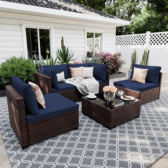 UPHA 5 Pieces Patio Furniture Sets, Wicker Outdoor Sectional Sofa Couch by UPHA