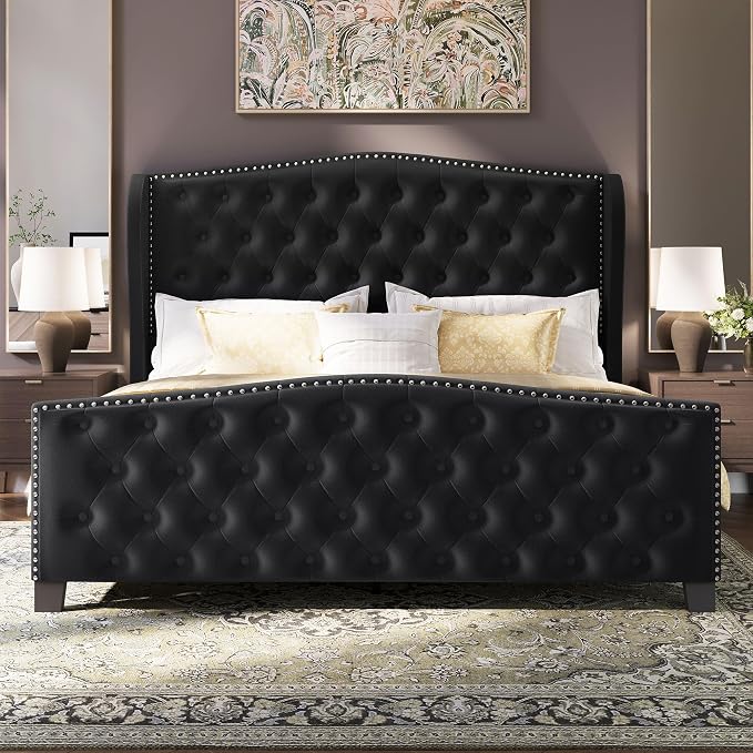 BRELTAM Upholstered Queen Size Bed Frame Velvet Black Tufted Platform Bed Frame - Image 9