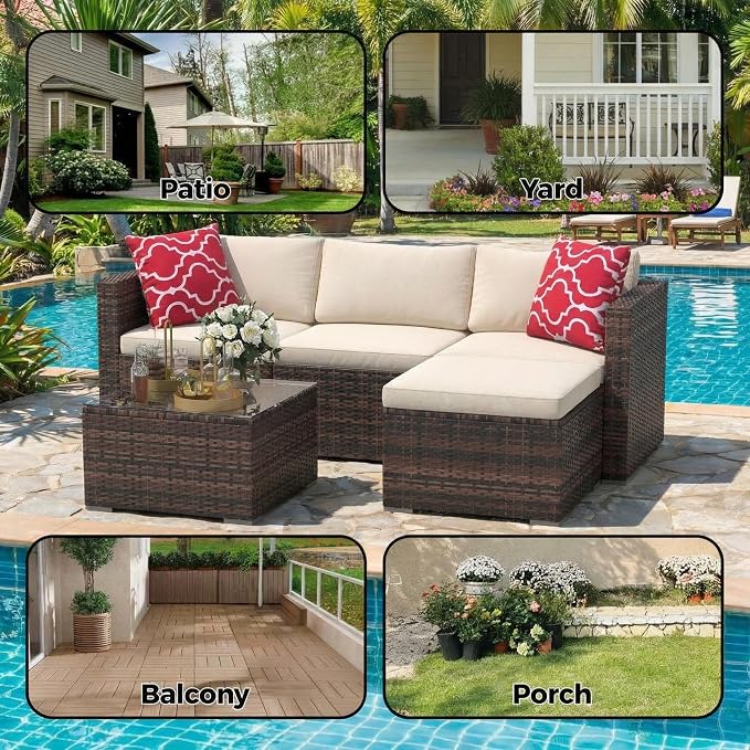 5-Piece Patio Sectional Sofa Set, All-Weather Brown PE Rattan Outdoor - Image 5