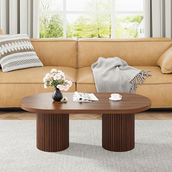 Oval Fluted Coffee Table, Farmhouse Wood Coffee Table Mid Century Modern Center - Image 8