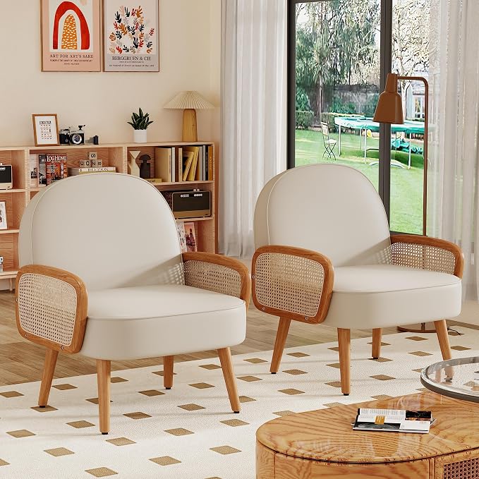 Aklaus Mid Century Modern Accent Chairs Set of 2 Upholstered Rattan Faux by AKLAUSHomeFurniture