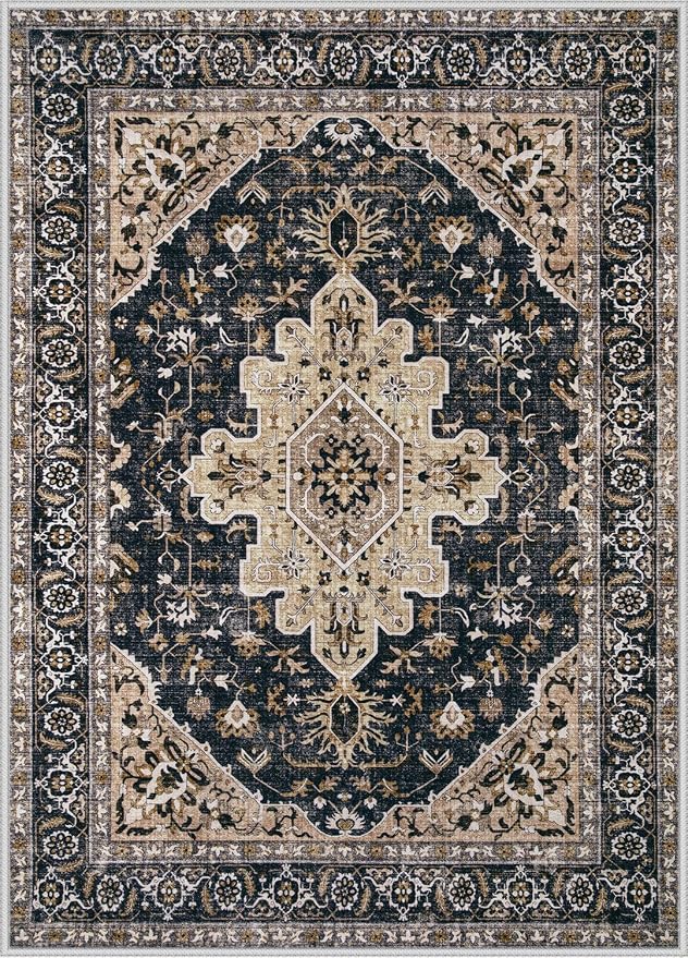 Area Rugs 6x9 Vintage Rug: Washable Living Room Rug Retro Medallion Distressed - Image 8