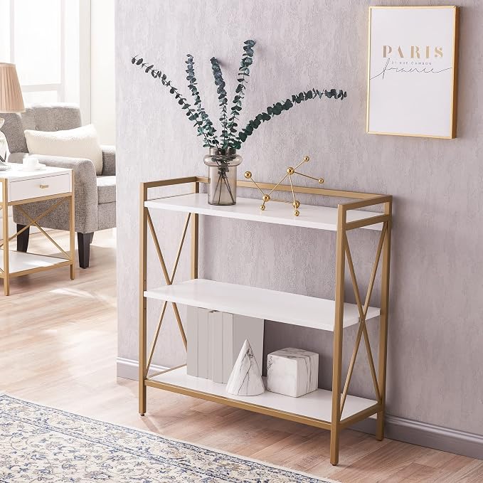 Leick Home Claudette Bookshelf, Satin Gold, 3 Shelves, Easy Assembly, 12 in D x - Image 2