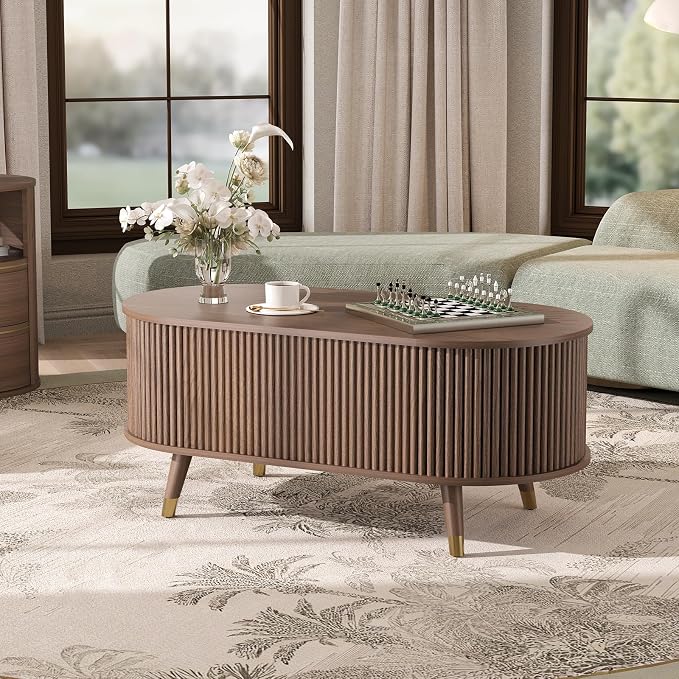 SULIVES Oval Coffee Table with Storage, Small Fluted Center Table - Image 6