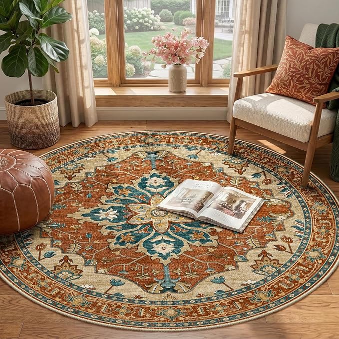 RELEANY Area Rugs Round 4ft Washable Non-Slip, Floral Vintage Distress Print - Image 3