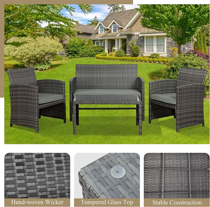 JAMFLY 4 Piece Outdoor Patio Furniture Set, Outdoor Wicker Rattan Chairs - Image 6