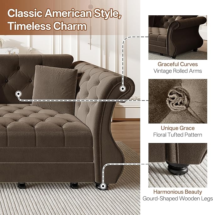 97.6" Oversized Pull Out Sofa Bed, Chesterfield Velvet Sleeper Sofa Couch - Image 4